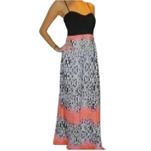 Trixxi Black Sweetheart Stretch Knit Bodice Flowy Sunset Skirt Open Back Dress